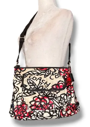 Coach Poppy Floral Graffiti Crossbody Bag Pink Black Satin Y2K Streetwear Purse thumbnail 1