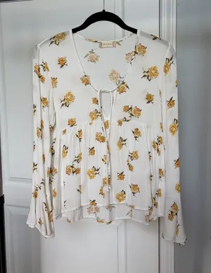 Altar'd State Cream Blouse with Yellow Rose Print thumbnail 1