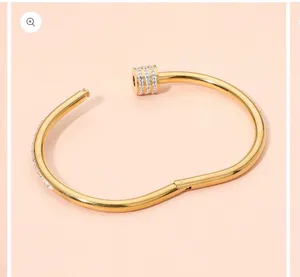 Stainless Steel Stone Accent Hinged Bangle Bracelet Gold thumbnail 2