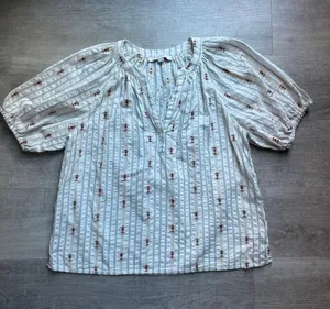 Loft Striped Embroidered Puff Sleeves Blouse Size L thumbnail 1