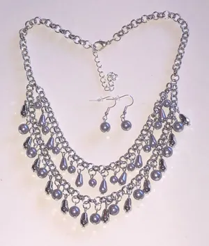 Silver Tone Light Purple Bead Multi-Strand Necklace & Earrings Set thumbnail 1