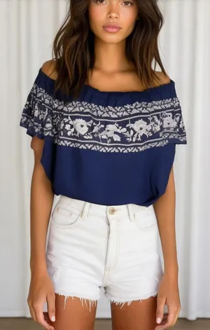 Rewind Womens Top Size Large Blue White Off Shoulder Floral Knit‎ NEW thumbnail 1