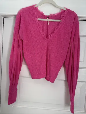 Free People Hot Pink V-Neck Lace Trim Lightweight Sweater thumbnail 1
