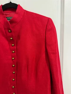 LAUREN Ralph Lauren Red Linen Military Jacket Mandarin Collar Brass Buttons Sz 6 thumbnail 5