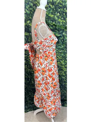 Boutique Floral Garden Party Midi Dress Tie Back Ruffle Hem Cotton Size Medium thumbnail 8