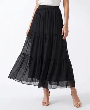 AB Studio Womens Black Tiered Mesh Maxi Skirt Fold Over Waist Size L thumbnail 1