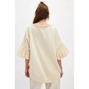 NWT!!‎ FREE PEOPLE Doily Sweatshirt Heart Ivory Blue Eyelet Lace Bohemian Small thumbnail 7