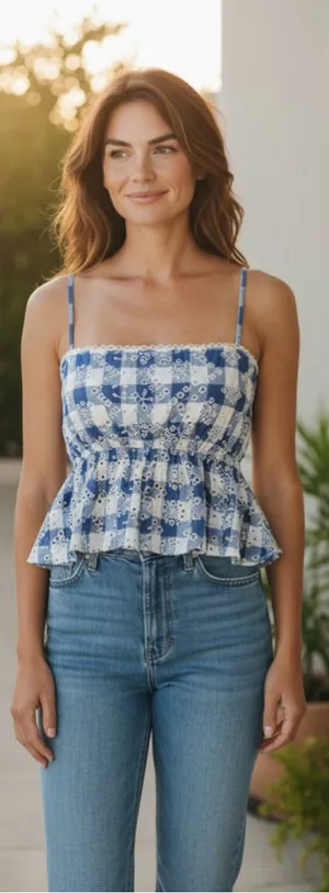 Altar'd State Blue White Gingham Eyelet Peplum Cami Top Women's Size XL NWT thumbnail 1
