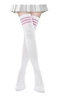 White with 3 Pink Stripes Over the Knee Tall Socks ONE SIZE School Girl NEW thumbnail 1