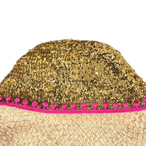 Natural Life Wicker Straw Sequined Pink Pom Pom Tote Beach Coquette Basket Bag thumbnail 2