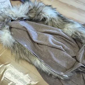 Loft Faux Fur Collar Open Front Cardigan Tan Heather Knit Pockets Large Neutral thumbnail 6