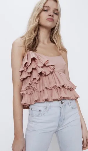 Zara XS Blush Pink Pleated Layered Ruffle‎ Asymmetrical Cami Crop romantic Top thumbnail 1