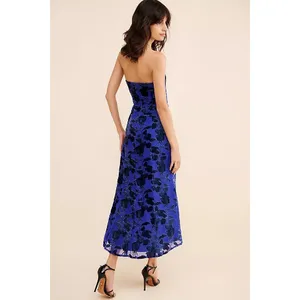 Hutch Strapless Midi Dress Blue Floral Velvet Burnout Slit Sweetheart NEW thumbnail 2