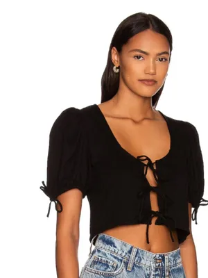 Free People Kitty Tee Black Cropped Puff Sleeve Tiered Tie-Front Closure Size XS thumbnail 16