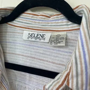 Selene Sport Vintage Linen Rayon Striped Roll Tab Sleeve Button Up Shirt ~ Sz L thumbnail 4
