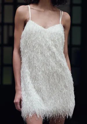 Zara White Feathered fringed Fluffy mini Dress party cocktail evening wedding thumbnail 10