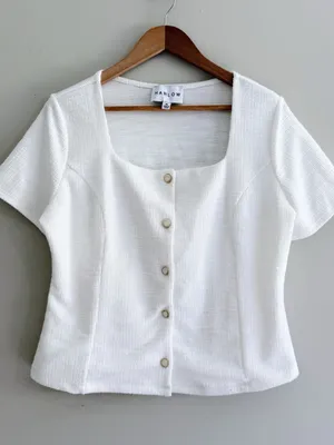 Harlow White Square-Neck Boucle Co-Ord Button Front Short Sleeve Top Women’s XL thumbnail 2