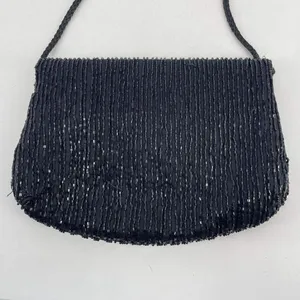 Vintage‎ Beaded Snap Flap Corded Strap Clutch Shoulder Bag Black Small Flapper thumbnail 2