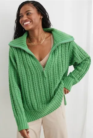 Aerie chunky knit green quarter zip long sleeve sweater shirt size med crochet thumbnail 1