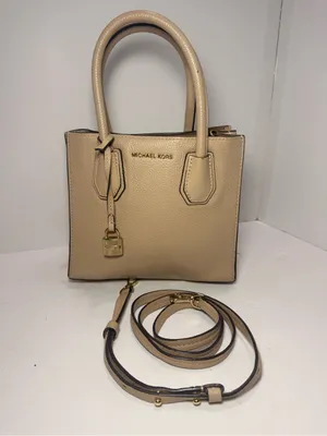 Michael Kors Mercer Small Pebbled Leather Satchel Crossbody Beige Gold thumbnail 13