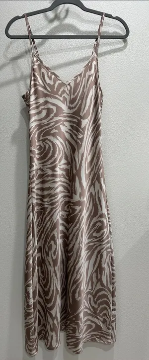 Taupe Zebra-Print Slip Midi Dress with V-Neck thumbnail 1
