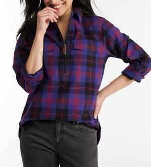 LL Bean Purple Scotch Plaid 1/4 Zip Cotton Flannel Shirt Relaxed MEDIUM thumbnail 1
