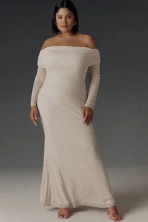 Anthropologie AFRM Long-Sleeve Off-The-Shoulder Mesh Maxi Dress, Size 2X thumbnail 1