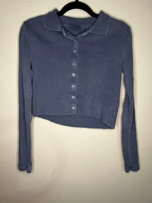 Brandy Melville Caroline Button Fly Ribbed Long Sleeve Vintage‎ Blue Crop Top thumbnail 2