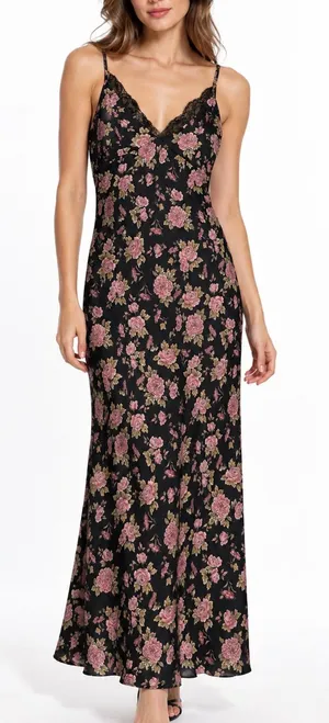 Zara Black Rose Floral Satin Maxi Slip Dress XS Lace Trim Dark Coquette Y2K thumbnail 1