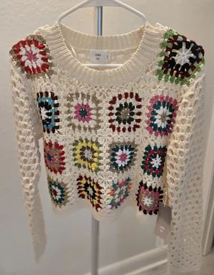 Luna Ivy Granny Square Crochet Sweater Cream Colorful Open Knit Women Size S NWT thumbnail 1