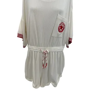 Anthropologie Waffle Knit Romper Varsity Stripe Deep V‎ Back White Red Large thumbnail 5