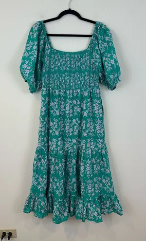 THML Boutique Teal Floral Puff-Sleeve Midi Dress Size Large Women's thumbnail 1