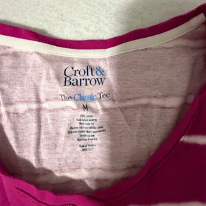 Croft & Barrow Womens Magenta Pink White Striped Tie Dye V-Neck Cotton Tee M thumbnail 2