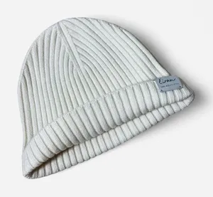 Eiram Cream Ribbed Beanie 100% Merino Wool Cuffed‎ Knit Winter Hat Off-White thumbnail 1