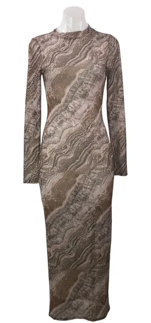 Jluxlabel Women's Beige Printed Long Sleeve Mock Neck T Shirt Maxi Dress Size M thumbnail 1