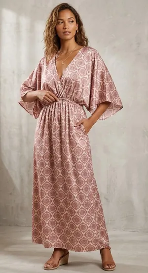 NWOT Zara Cotton Geometric Print Boho Festival Kafan Maxi Dress Pink Medium thumbnail 1