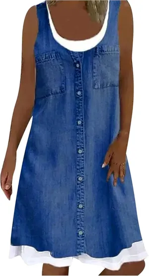 NWT ~ Faux 2 Piece Denim Jean Look Short Casual Tank Top Dress ~ Women's LARGE thumbnail 1