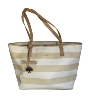 Kate Spade New York Striped Tote Bag Cream Beige Spade Charm Bow Shopper thumbnail 1