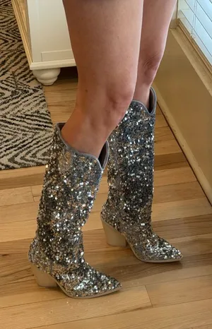 Steve Madden hi heel Boots Tyrus silver Sequin - size 6! NEW! thumbnail 1
