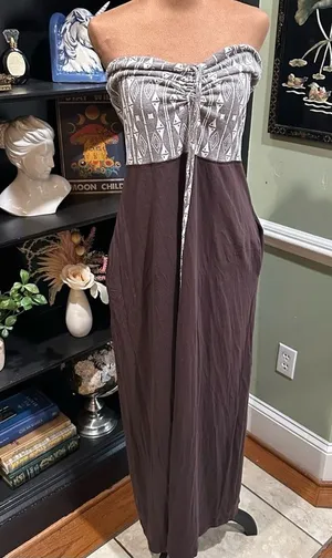 Anthropologie Lilka Brown & Grey Abstract Midi Dress – Adjustable Top – Size Med thumbnail 1