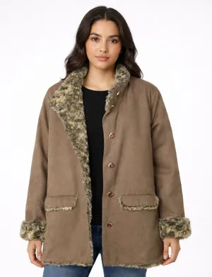 Vintage 2000s J.Jill Brown Faux Fur Lined Coat Jacket Size L thumbnail 1