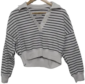 Womens Abercrombie & Fitch White Black Striped Long Sleeve V-Neck Sweater Size S thumbnail 1