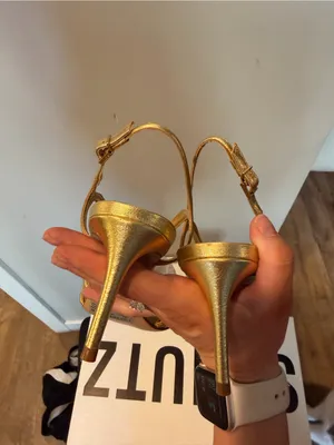SCHUTZ Octavia Mid Calf Leather Metallic Gold Multi-Strap Slingback Heels 8 thumbnail 4