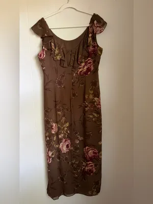 Morell Maxie Floral Column Dress Brown Pink Silk 14 Ruffle Sleeveless Y2K Fairy thumbnail 9
