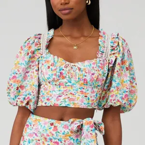 For Love & Lemons Floral Claude Puff Sleeve Crop Top Pink Blue Size Large thumbnail 8