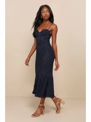 NWT Lulus Found Your Love Navy Blue‎ Lace Sleeveless Trumpet Midi Dress thumbnail 2