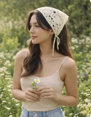 Boho Crochet Triangle Head Scarf Bandana Ivory Tie Back thumbnail 1
