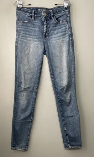 American Eagle Hi Rise Jegging Size 8 Blue Jeans Stretch Distressed Denim Skinny thumbnail 1