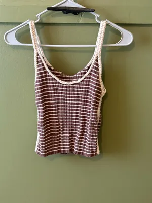 American Eagle Outfitters Brown Striped Crochet Trim Tank thumbnail 3