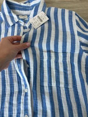 NWT J. Crew Blue and White Vertical Stripe Linen Button-Down Shirt thumbnail 3